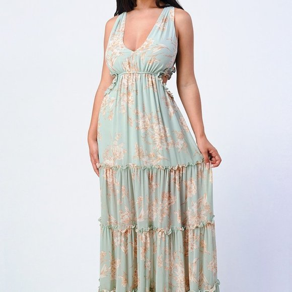 Sage Floral Cut out sides Lace up Vintage look Tan Green Maxi dress size Small - Picture 2 of 8